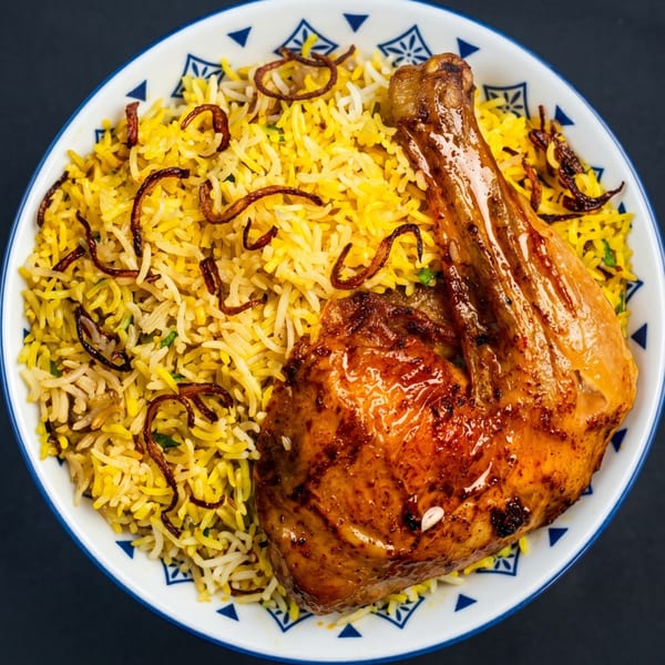Golden chicken leg quarter on a bed of yellow biryani rice with crispy fried onions in a patterned bowl.