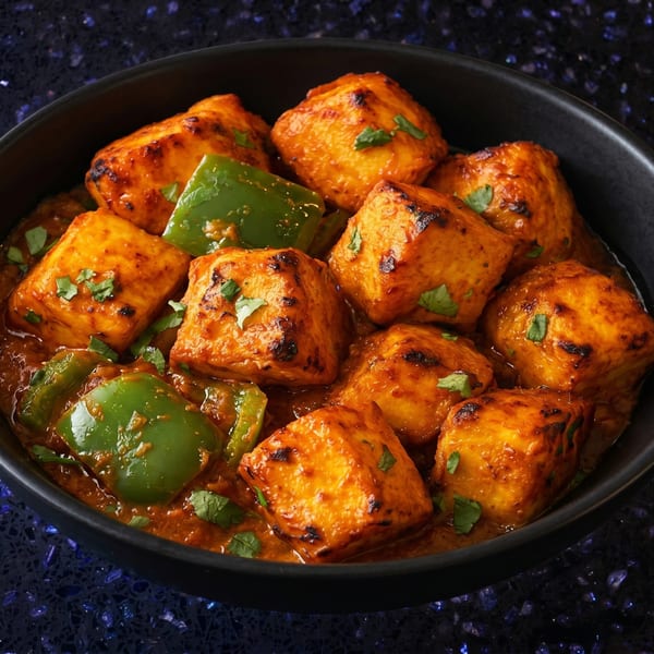 Close-up of paneer tikka masala with green bell peppers and cilantro in a black bowl.