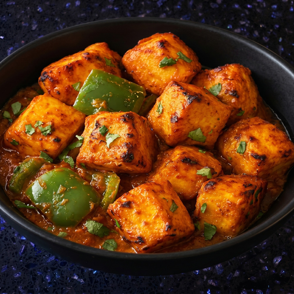 Close-up of paneer tikka masala with green bell peppers and cilantro in a black bowl.