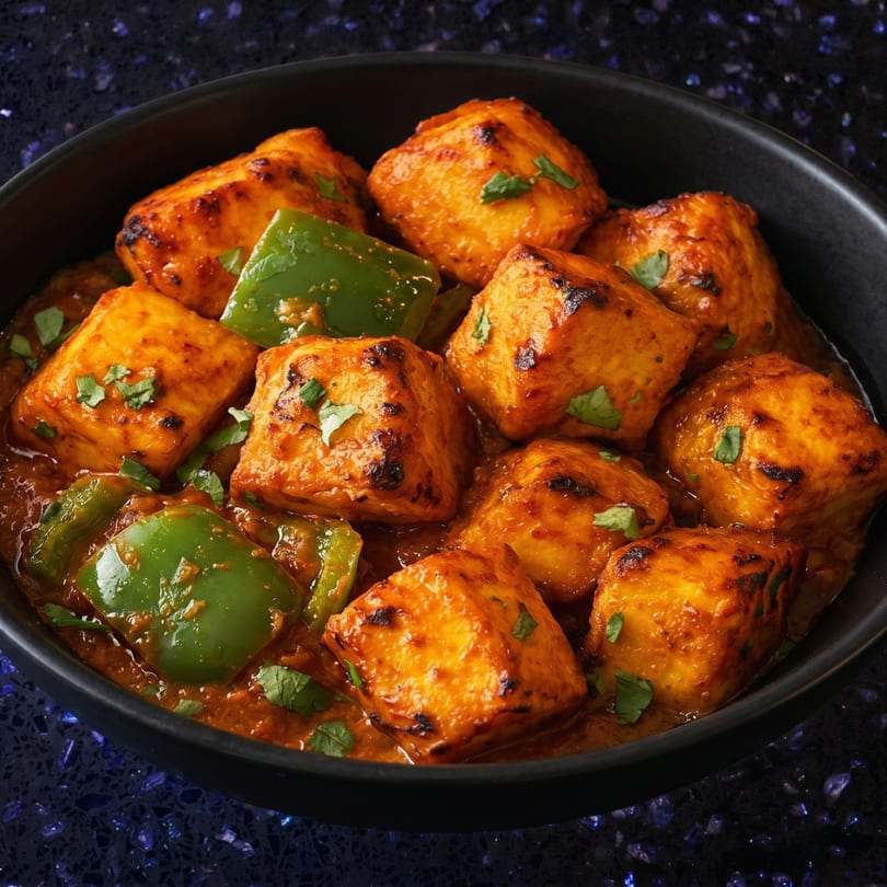 Close-up of paneer tikka masala with green bell peppers and cilantro in a black bowl.