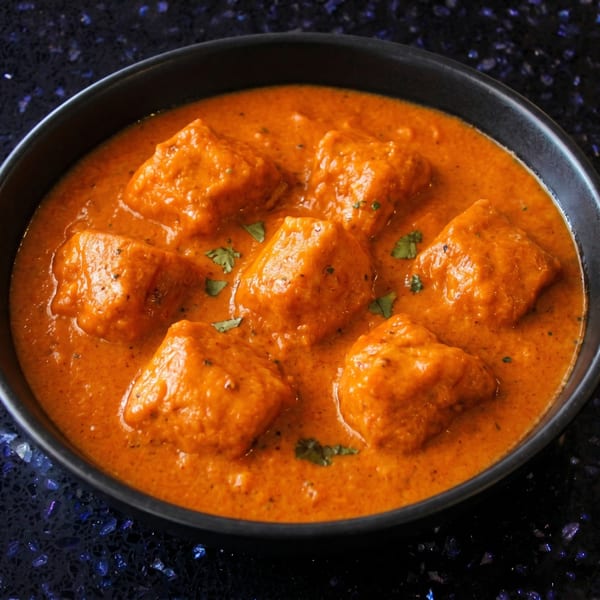 A close-up of a black bowl filled with vibrant orange butter chicken, garnished with fresh cilantro.
