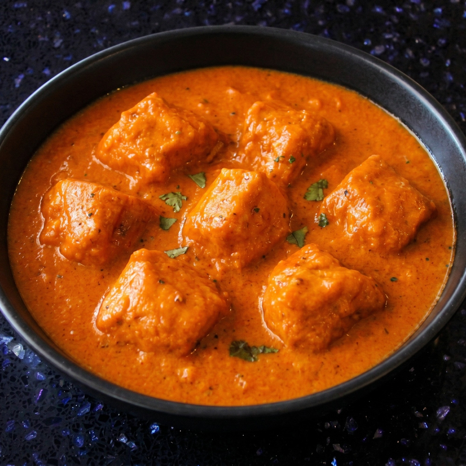 A close-up of a black bowl filled with vibrant orange butter chicken, garnished with fresh cilantro.