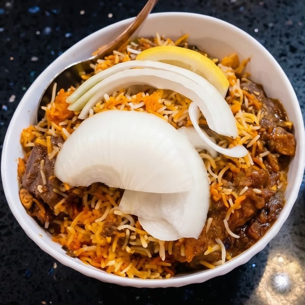 A white bowl filled with biryani, topped with sliced onions and a lemon wedge.